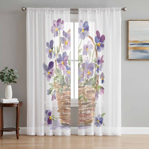 Sheer Curtains 96 Inches Long 2 Panels Set for Living Room, Watercolor Purple Floral Semi Sheer Curtains for Windows, Spring Flower Basket Botanical Voile Window Treatments Rod Pocket Curtain