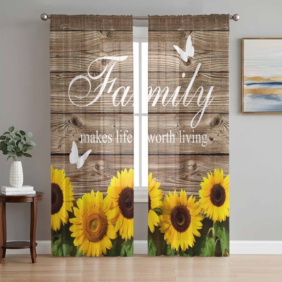 Sheer Curtains 96 Inches Long 2 Panels Set for Living Room, Yellow Sunflowers Semi Sheer Curtains for Windows, Family Farmhouse Brown Wooden Butterfly Voile Window Treatments Rod Pocket Curtain