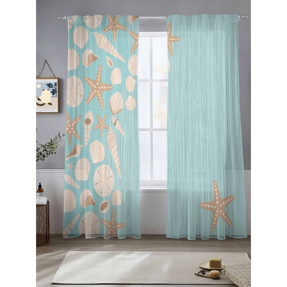 Sheer Curtains 96 Inches Long 2 Panels, Summer Starfish Shell Rod Pocket Curtain Voile Draperies, Abstract Striped on Green Background Light Filtering Window Treatment for Living Room Bedroom
