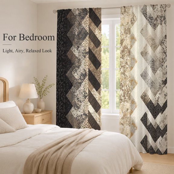 Sheer Curtains 96 Inches Long 2 Panels, Vintage Boho Zigzag Weave Rod Pocket Curtain Voile Draperies, Southwest Ethnic Geometric Art Light Filtering Window Treatment for Living Room Kitchen Bedroom