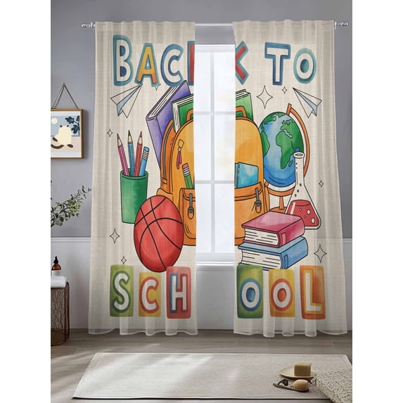 Sheer Curtains 96 Inches Long 2 Panels, Vintage Crayon Globe Rod Pocket Curtain Voile Draperies, Back to School Words on Linen Light Filtering Window Treatment for Living Room Kitchen Bedroom