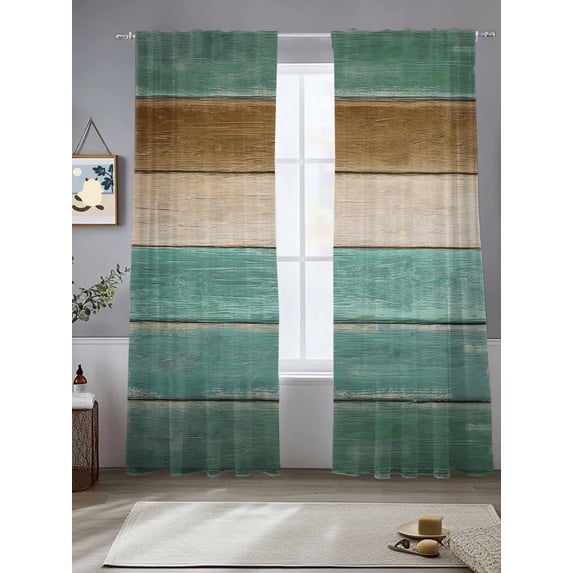 Sheer Curtains 96 Inches Long 2 Panels, Vintage Plank Turquoise Brown Rod Pocket Curtain Voile Draperies, Farmhouse Wood Grain Light Filtering Window Treatment for Living Room Kitchen Bedroom