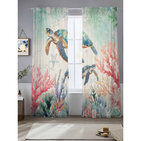 Sheer Curtains 96 Inches Long 2 Panels, Vintage Sea Turtle Coral Rod Pocket Curtain Voile Draperies, Summer Marine Life Light Filtering Window Treatment for Living Room Kitchen Bedroom