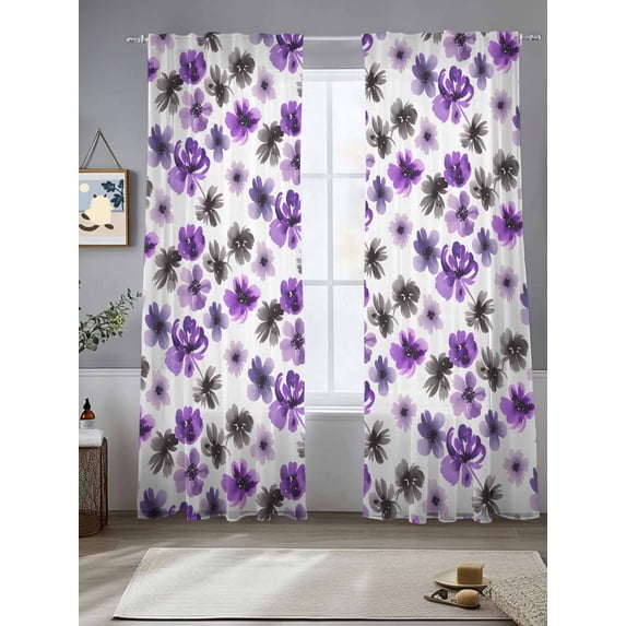 Sheer Curtains 96 Inches Long 2 Panels, Watercolor Flowers Purple Black Grey Rod Pocket Curtain Voile Draperies, Pastoral Floral Light Filtering Window Treatment for Living Room Kitchen Bedroom
