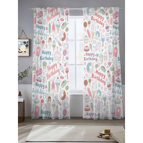 Sheer Curtains 96 Inches Long 2 Panels, Watercolor Happy Birthday Rod Pocket Curtain Voile Draperies, Cute Cartoon Cake Popsicle Light Filtering Window Treatment for Living Room Kitchen Bedroom