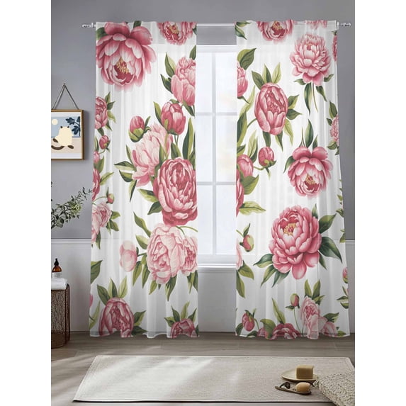 Sheer Curtains 96 Inches Long 2 Panels, Watercolor Pastoral Flowers Rod Pocket Curtain Voile Draperies, Abstract Country Floral Art Light Filtering Window Treatment for Living Room Kitchen Bedroom