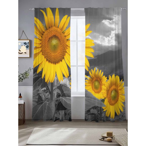 Sheer Curtains 96 Inches Long 2 Panels, Yellow Sunflower Field Rod Pocket Curtain Voile Draperies, Modern Grey Floral Partial Color Art Light Filtering Window Treatment for Living Room