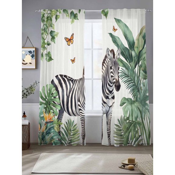 Sheer Curtains 96 Inches Long 2 Panels, Zebra Tropical Leaves Jungle Rod Pocket Curtain Voile Draperies, Black Stripes Animal Portrait Light Filtering Window Treatment for Living Room Kitchen