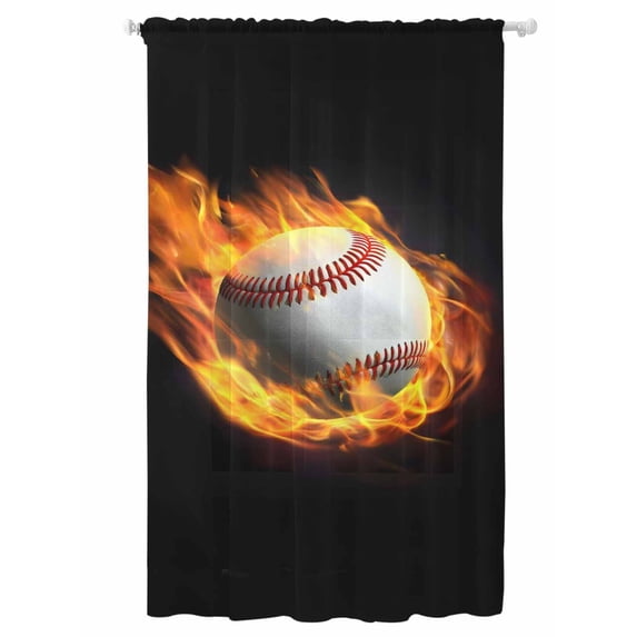 Sheer Curtains 96 Inches Long, Baseball Semi Sheer Curtains Light Filtering Window Treatment, Modern Buruning Flame Sport Black Background Privacy Voile Drapes for Living Room Bedroom 52x96 Inch