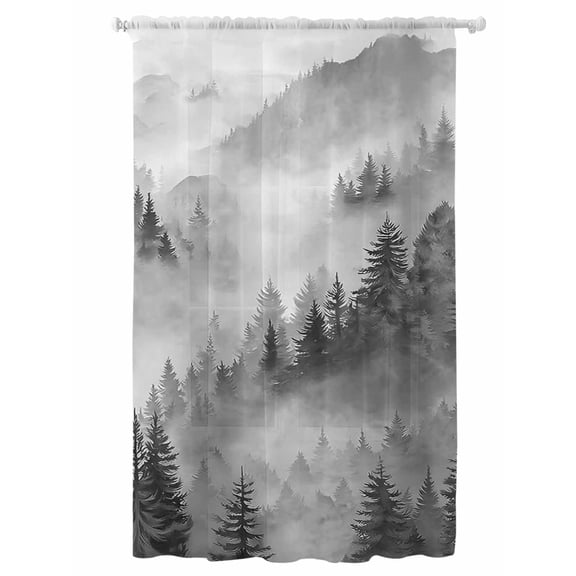 Sheer Curtains 96 Inches Long, Black Grey Mountain Semi Sheer Curtains Light Filtering Window Treatment, Misty Forest Nature Woodland Pine Tree Landscape Privacy Voile Drapes 52x96 Inch