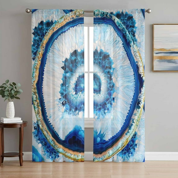 Sheer Curtains 96 Inches Long, Blue Abstract Marble Light Filtering Window Curtains for Living Room/Bedroom, Modern Abstract Art Rod Pocket Voile Sheer Curtain Drapes, 52"W x 96"L, 2 Panels