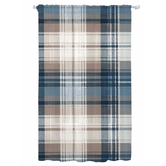 Sheer Curtains 96 Inches Long, Blue Brown Plaid Semi Sheer Curtains Light Filtering Window Treatment, Vintage Abstract Stripes Lattice Privacy Voile Drapes for Living Room Bedroom 52x96 Inch