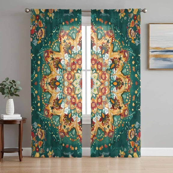 Sheer Curtains 96 Inches Long, Boho Flower Light Filtering Window Curtains for Living Room, Yellow Green Bohemian Colorful Medallion Rod Pocket Voile Sheer Curtain Drapes, 52"W x 96"L, 2 Panels