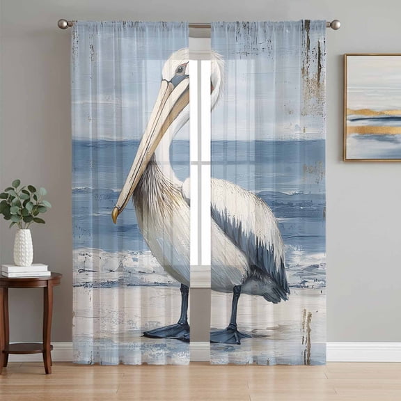 Sheer Curtains 96 Inches Long, Coastal Pelican Light Filtering Window Curtains for Living Room/Bedroom, Modernism Art Oil Painting Birds Rod Pocket Voile Sheer Curtain Drapes, 52"W x 96"L, 2 Panels