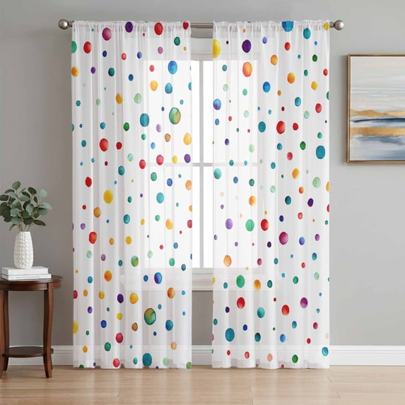 Sheer Curtains 96 Inches Long, Colorful Polka Dot Light Filtering Window Curtains for Living Room/Bedroom, Rainbow Point Vibrant Rod Pocket Voile Sheer Curtain Drapes, 52"W x 96"L, 2 Panels