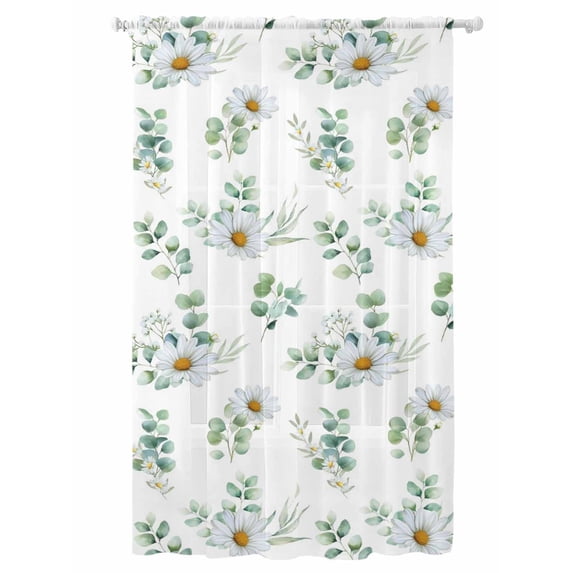 Sheer Curtains 96 Inches Long, Daisy Semi Sheer Curtains Light Filtering Window Treatment, Spring Eucalyptus Leaves Flowers Botanical Country Privacy Voile Drapes for Living Room Bedroom 52x96 Inch
