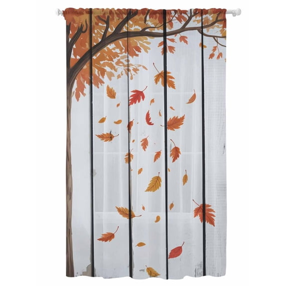 Sheer Curtains 96 Inches Long, Fall Maple Leaf Semi Sheer Curtains Light Filtering Window Treatment, Autumn Tree Leaves Retro Wooden Grain Privacy Voile Drapes for Living Room Bedroom 52x96 Inch