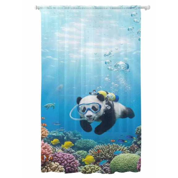 Sheer Curtains 96 Inches Long, Funny Diving Panda Semi Sheer Curtains Light Filtering Window Treatment, Ocean Sea Coastal Coral Fish Marine Life Privacy Voile Drapes for Living Room 52x96 Inch