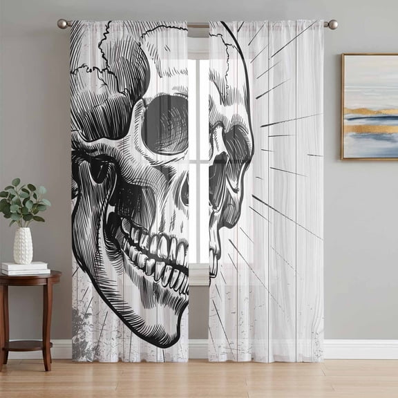 Sheer Curtains 96 Inches Long, Horror Skull Light Filtering Window Curtains for Living Room/Bedroom, Black Skeleton Spooky Halloween Rod Pocket Voile Sheer Curtain Drapes, 52"W x 96"L, 2 Panels