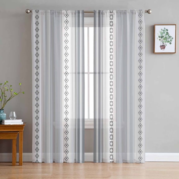 Sheer Curtains 96 Inches Long, Modern Geometric Abstract Art Contemporary Light Filtering Window Curtains for Living Room, Grey Striped Rod Pocket Voile Sheer Curtain Drapes, 52"W x 96"L, 2 Panels