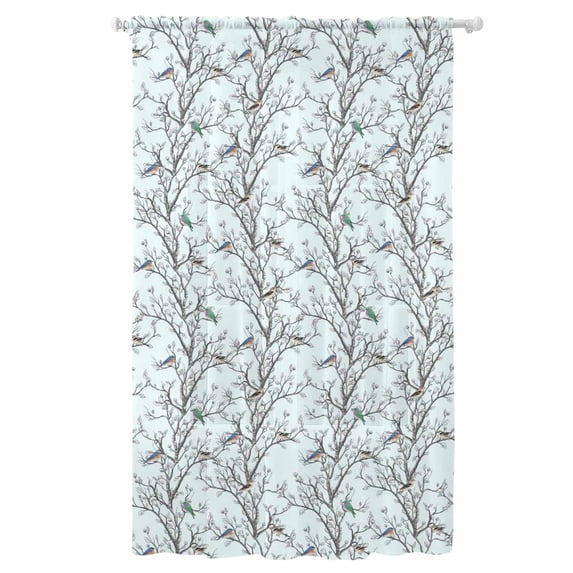Sheer Curtains 96 Inches Long, Natural Trees Branches Semi Sheer Curtains Light Filtering Window Treatment, Colored Birds Vintage Rustic Blue Privacy Voile Drapes for Living Room Bedroom 52x96 Inch