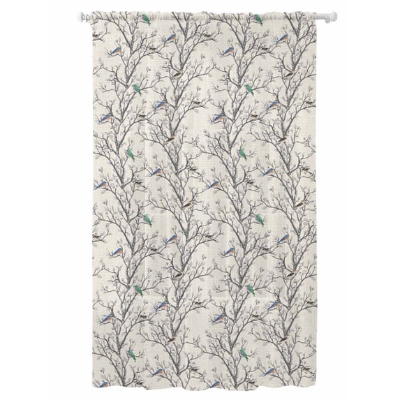 Sheer Curtains 96 Inches Long, Natural Trees Semi Sheer Curtains Light Filtering Window Treatment, Colored Birds on Branches Retro Rustic Privacy Voile Drapes for Living Room Bedroom 52x96 Inch