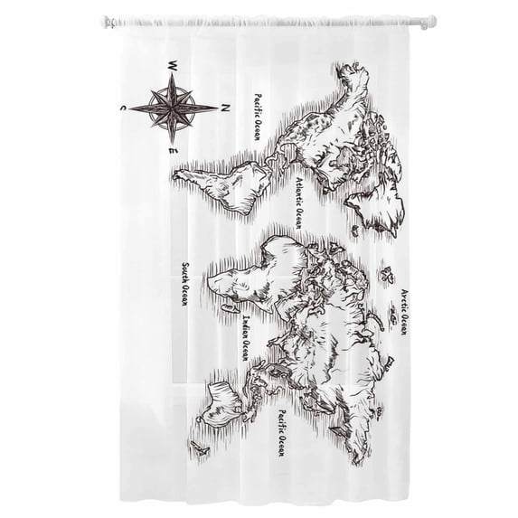 Sheer Curtains 96 Inches Long, Nautical Map Semi Sheer Curtains Light Filtering Window Treatment, Coastal Vintage Ocean Map Compass Privacy Voile Drapes for Living Room Bedroom 52x96 Inch