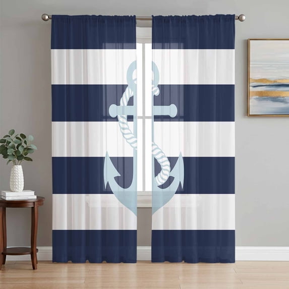 Sheer Curtains 96 Inches Long, Navy Blue Striped Light Filtering Window Curtains for Living Room/Bedroom, Blue Anchor Nautical Farmhouse Rod Pocket Voile Sheer Curtain Drapes, 52"W x 96"L, 2 Panels