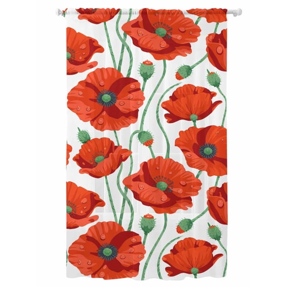 Sheer Curtains 96 Inches Long, Red Flowers Semi Sheer Curtains Light Filtering Window Treatment, Spring Floral Watercolor Botanical Privacy Voile Drapes for Living Room Bedroom 52x96 Inch