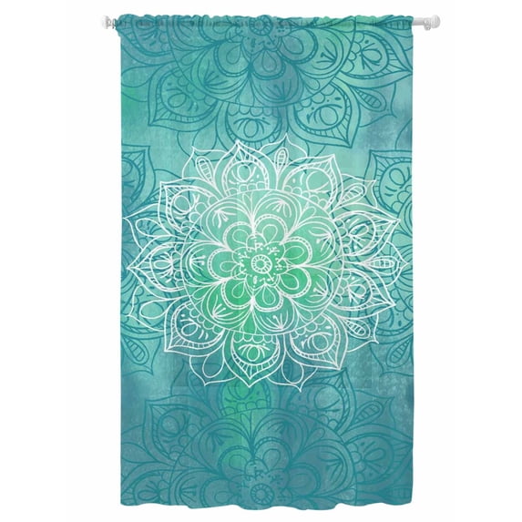 Sheer Curtains 96 Inches Long, Turquoise Boho Semi Sheer Curtains Light Filtering Window Treatment, Oriental Abstract Motifs Traditional Bohemian Privacy Voile Drapes for Living Room 52x96 Inch
