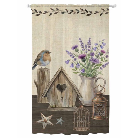 Sheer Curtains 96 Inches Long, Vintage Flowers Semi Sheer Curtains Light Filtering Window Treatment, Birds Retro Art Elegant Farmhouse Rustic Privacy Voile Drapes for Living Room Bedroom 52x96 Inch