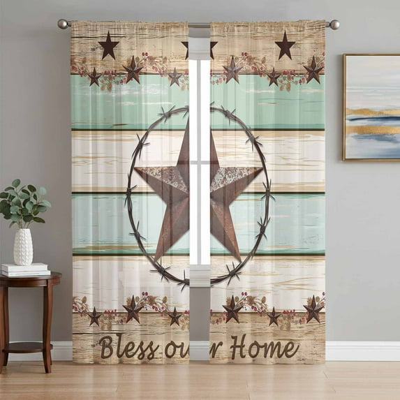 Sheer Curtains 96 Inches Long, Western Texas Star Green Light Filtering Window Curtains for Living Room, Farmhouse Brown Country Vintage Rod Pocket Voile Sheer Curtain Drapes, 52"W x 96"L, 2 Panels
