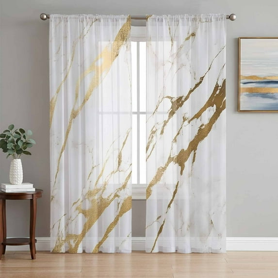 Sheer Curtains 96 Inches Long, White Gold Modern Light Filtering Window Curtains for Living Room, Abstract Vintage Marble Geometric Rod Pocket Voile Sheer Curtain Drapes, 52"W x 96"L, 2 Panels