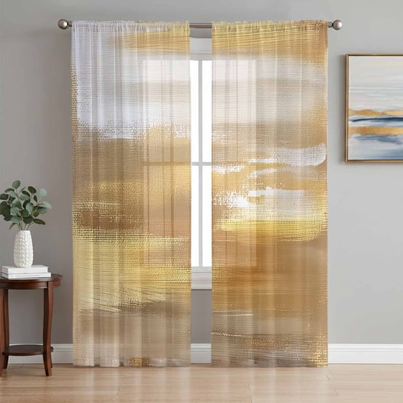 Sheer Curtains 96 Inches Long, Yellow Beige Light Filtering Window Curtains for Living Room/Bedroom, Modern Oil Painting Abstract Art Rod Pocket Voile Sheer Curtain Drapes, 52"W x 96"L, 2 Panels