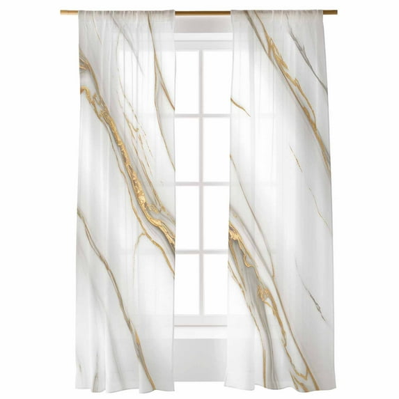 Sheer Curtains 96 inches Long, Abstract Art Vintage Gold White Marble Texture Light Filtering Sheer Window Curtains Rod Pocket Voile Drapes for Bedroom Living Room, 52"W x 96"L 2 Panels