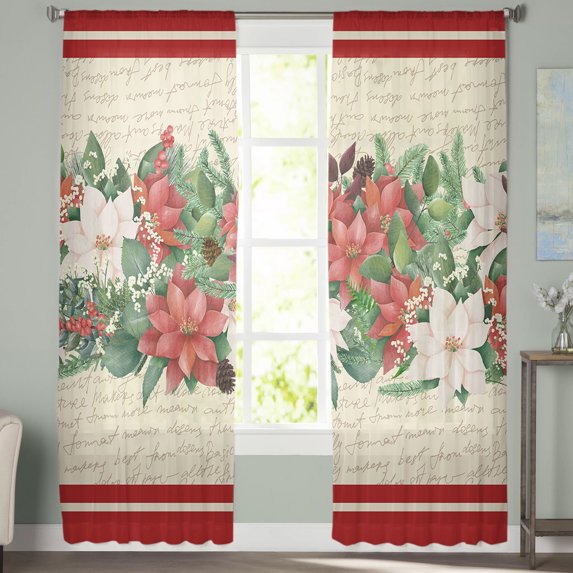 Sheer Curtains 96 inches Long, Christmas Poinsettia Floral Eucalyptus Leaves Red Stripe Light Filtering Sheer Window Curtains Rod Pocket Voile Drapes for Bedroom Living Room, 52"W x 96"L 2 Panels