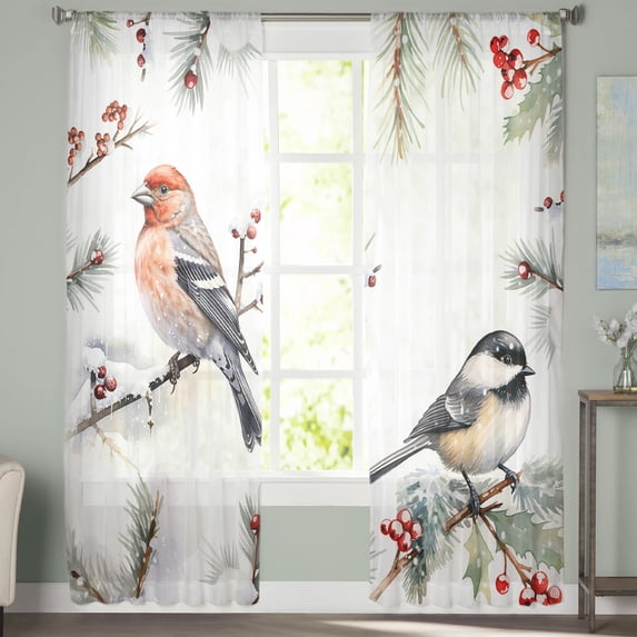 Sheer Curtains 96 inches Long, Christmas Robins on Pine Tree Winter Berry Light Filtering Sheer Window Curtains Rod Pocket Voile Drapes for Bedroom Living Room, 52"W x 96"L 2 Panels