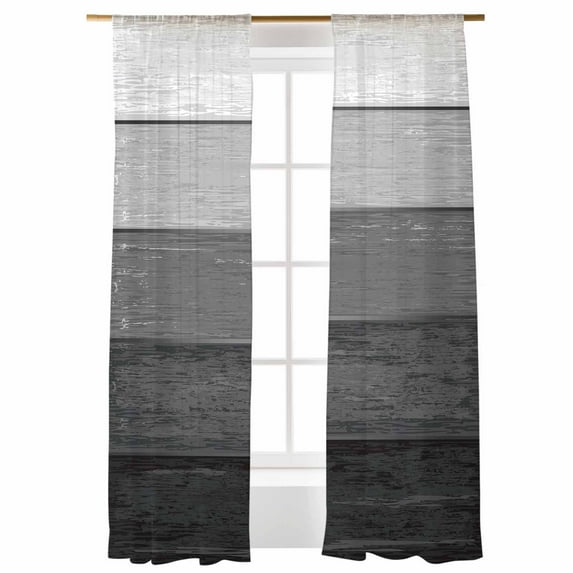 Sheer Curtains 96 inches Long, Dark Grey Striped Gradient Rustic Wood Board Light Filtering Sheer Window Curtains Rod Pocket Voile Drapes for Bedroom Living Room, 52"W x 96"L 2 Panels