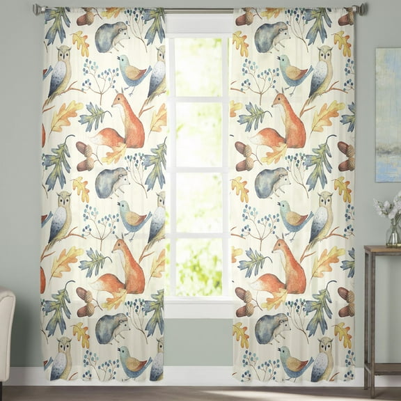 Sheer Curtains 96 inches Long, Fall Owl Bird Fox Rustic Floral Plant Leaves Light Filtering Sheer Window Curtains Rod Pocket Voile Drapes for Bedroom Living Room, 52"W x 96"L 2 Panels