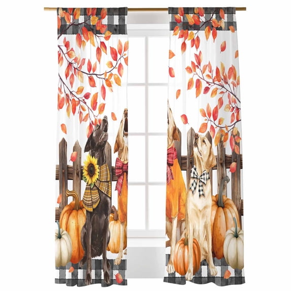 Sheer Curtains 96 inches Long, Fall Theme Funny Dog Pumpkin Maple Leaf Black White Plaid Light Filtering Sheer Window Curtains Rod Pocket Voile Drapes for Bedroom Living Room, 52"W x 96"L 2 Panels