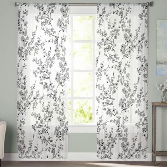 Sheer Curtains 96 inches Long, Floral Watercolor Style Grey Flower Bud Leaves Light Filtering Sheer Window Curtains Rod Pocket Voile Drapes for Bedroom Living Room, 52"W x 96"L 2 Panels