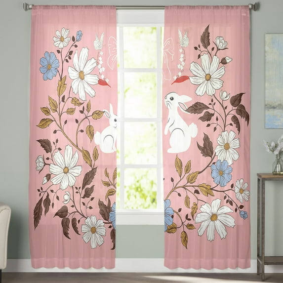 Sheer Curtains 96 inches Long, Flower Daisy Rabbit Butterfly Pink Light Filtering Sheer Window Curtains Rod Pocket Voile Drapes for Bedroom Living Room, 52"W x 96"L 2 Panels