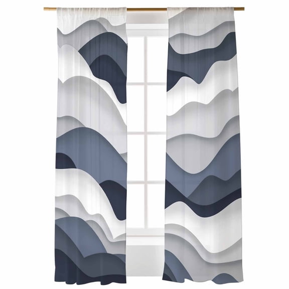 Sheer Curtains 96 inches Long, Gradient Ocean Waves Dark Blue Gradient Waves Light Filtering Sheer Window Curtains Rod Pocket Voile Drapes for Bedroom Living Room, 52"W x 96"L 2 Panels
