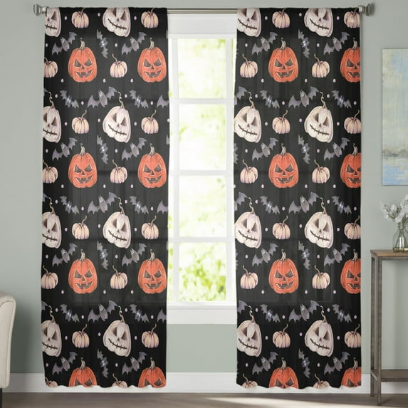 Sheer Curtains 96 inches Long, Halloween Scary Pumpkin Bat Black Light Filtering Sheer Window Curtains Rod Pocket Voile Drapes for Bedroom Living Room, 52"W x 96"L 2 Panels