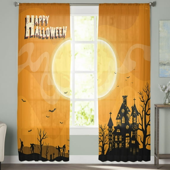 Sheer Curtains 96 inches Long, Happy Halloween Old Fort Bright Moon Orange Background Light Filtering Sheer Window Curtains Rod Pocket Voile Drapes for Bedroom Living Room, 52"W x 96"L 2 Panels