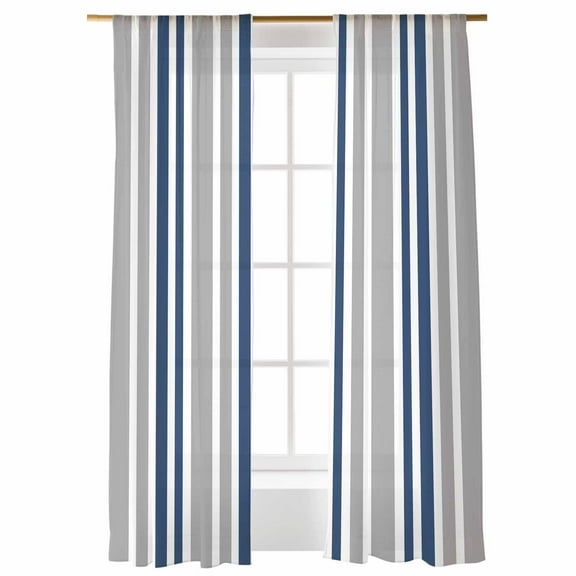 Sheer Curtains 96 inches Long, Navy Blue Gray Stripe Minimalist Vertical Stripes Modern Art Light Filtering Sheer Window Curtains Rod Pocket Voile Drapes for Bedroom Living Room, 52"W x 96"L 2 Panels