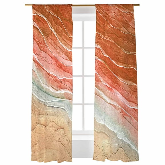 Sheer Curtains 96 inches Long, Orange Gradient Seaside Ocean Wave Ombre Light Filtering Sheer Window Curtains Rod Pocket Voile Drapes for Bedroom Living Room, 52"W x 96"L 2 Panels