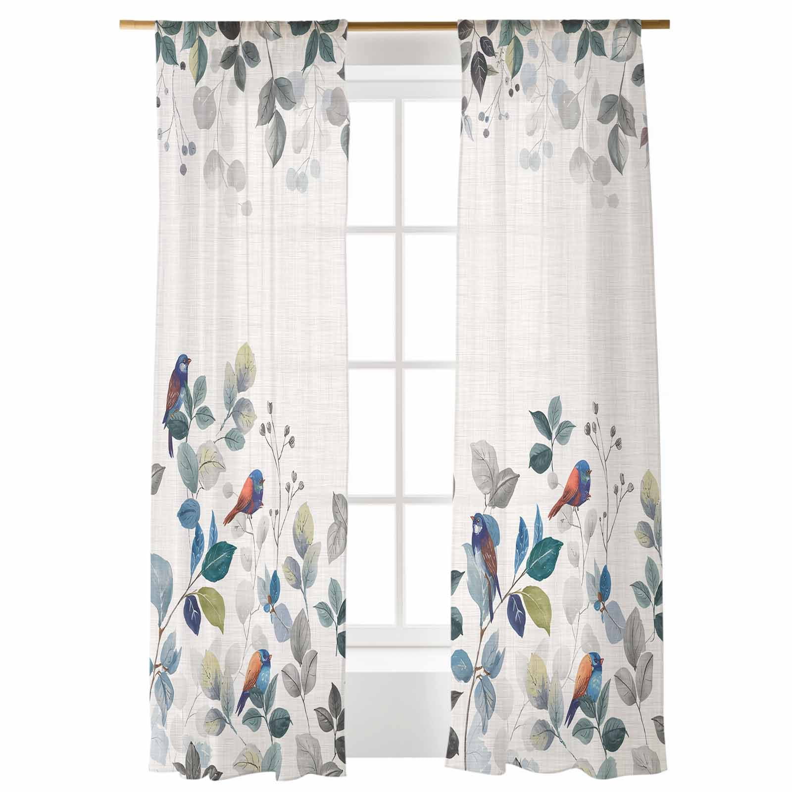 Sheer Voile Curtain Panel With Bird Print - Pastoral Design, Tulle Fabric, Multiple Sizes