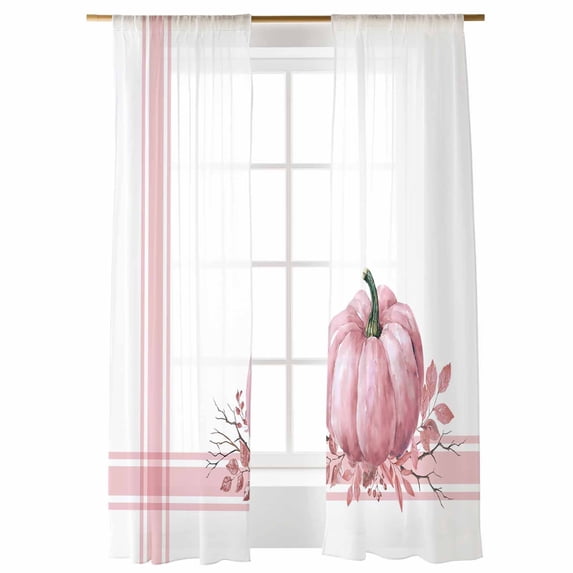 Sheer Curtains 96 inches Long, Pink Pumpkin Thanksgiving Fall Leaf Vintage Farmhouse Light Filtering Sheer Window Curtains Rod Pocket Voile Drapes for Bedroom Living Room, 52"W x 96"L 2 Panels