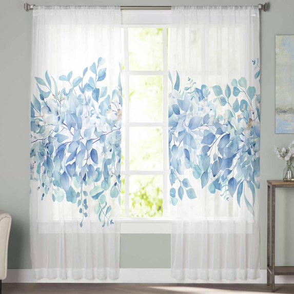 Sheer Curtains 96 inches Long, Spring Plants Blue Eucalyptus Leaves Light Filtering Sheer Window Curtains Rod Pocket Voile Drapes for Bedroom Living Room, 52"W x 96"L 2 Panels